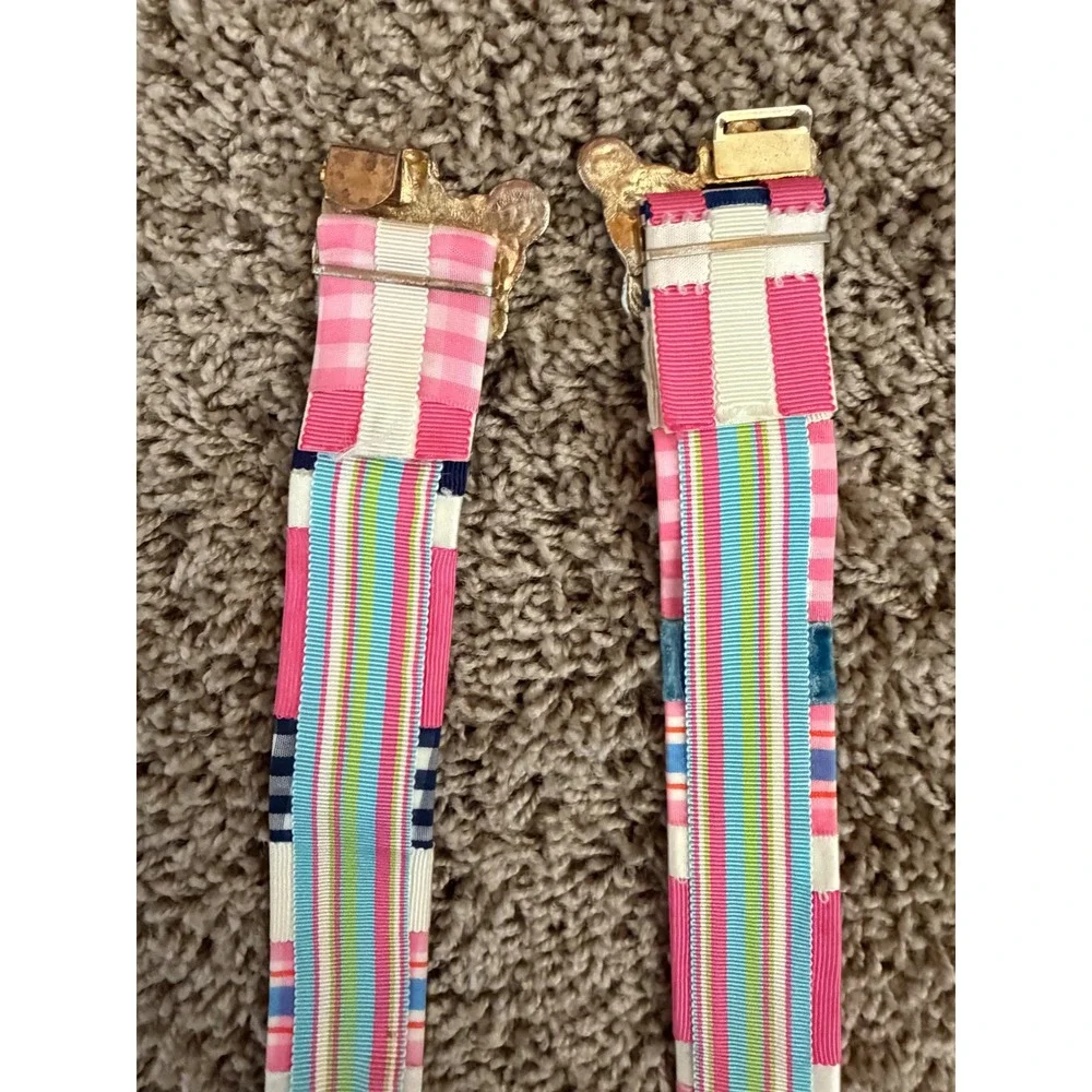 Vintage Patchwork Grosgrain Ribbon Belt Brass Koala Bear Buckle Pink Navy 32in